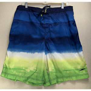 Speedo Mens XL Shorts Blue Lime Green Baggy Loose Drawstring Bermudas 10" Inseam